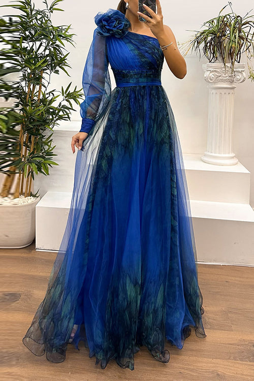 Heididress One Shoulder Long Sleeve High Waist Printed Mesh Slit Maxi Dress