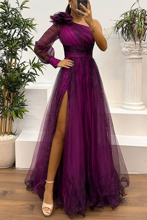 Heididress One Shoulder Long Sleeve Printed Slit Swing Maxi Dress