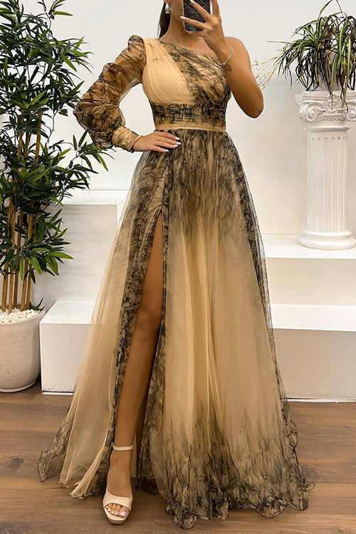 Heididress One Shoulder Long Sleeve Printed Slit Swing Maxi Dress