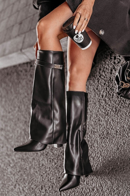 Heididress Pointed Toe Fold Over Chunky Block Zipper High Boots