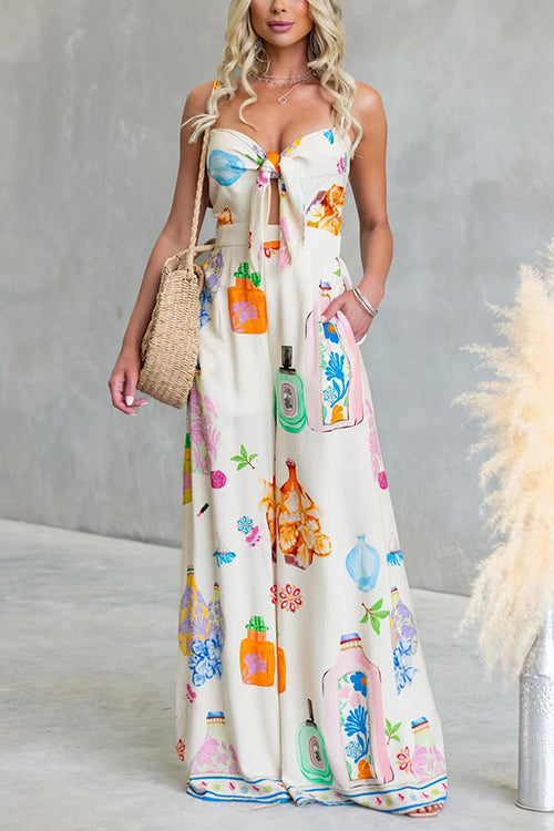 Adjustable Strap Tie Knot Front Unique Print Wide Leg Jumpsuit