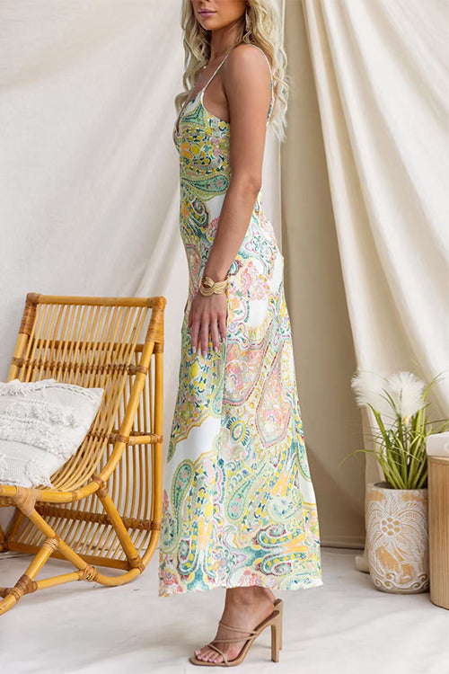 Adjustable Strap V Neck Paisley Print Slit Maxi Dress