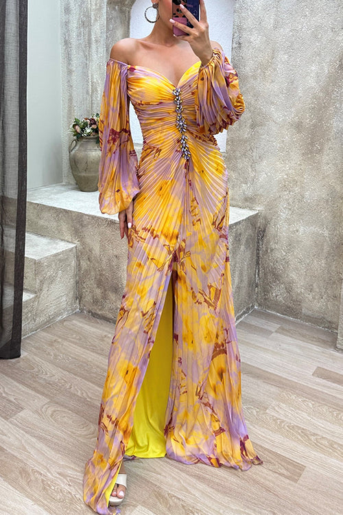 Heididress Off Shoulder Rhinestones Detail Printed Slit Pleated Maxi Dress