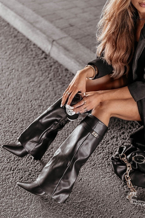 Heididress Pointed Toe Fold Over Chunky Block Zipper High Boots