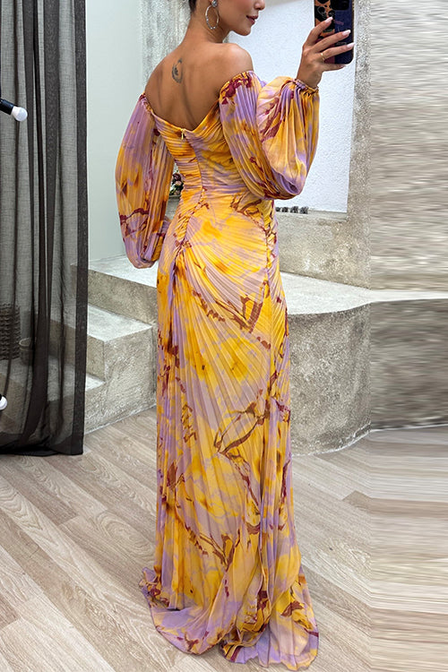 Heididress Off Shoulder Lantern Long Sleeves Printed Slit Pleated Maxi Dress