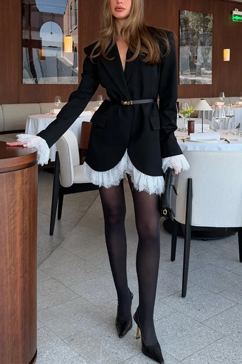 Heididress Notch Lapel V Neck Single Breasted Lace Trim Blazer