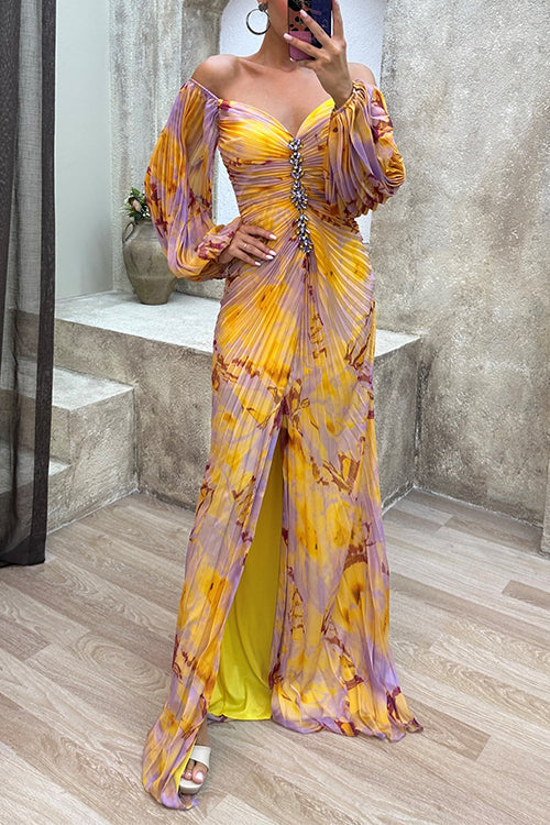 Heididress Off Shoulder Lantern Long Sleeves Printed Slit Pleated Maxi Dress