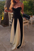 Heididress Spaghetti Strap Low Cut Color Block Swing Maxi Dress
