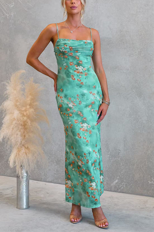 Adjustable Strap Floral Print Mesh Overlay Maxi Dress