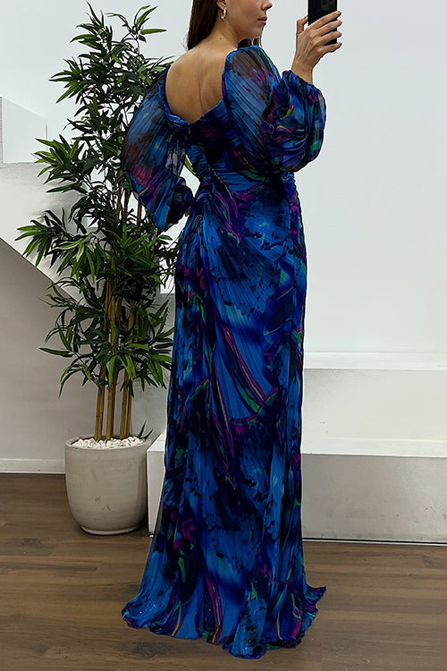 Heididress Off Shoulder Rhinestones Detail Printed Slit Pleated Maxi Dress