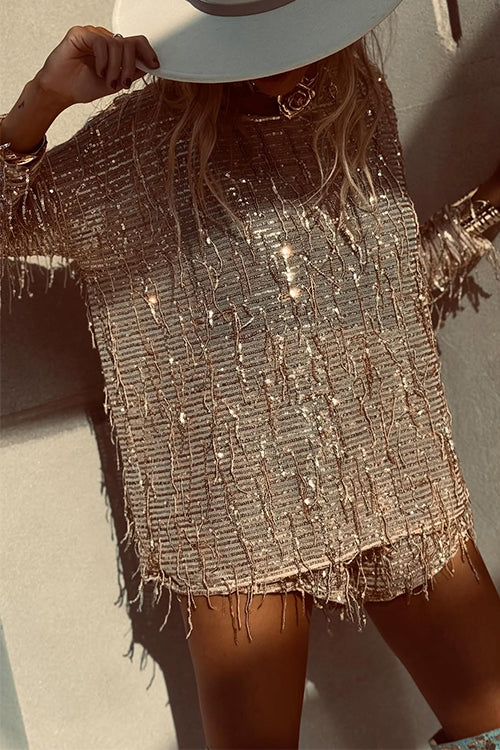 Heididress Tassel Sequin Round Neck Long Sleeves Top and Shorts Set