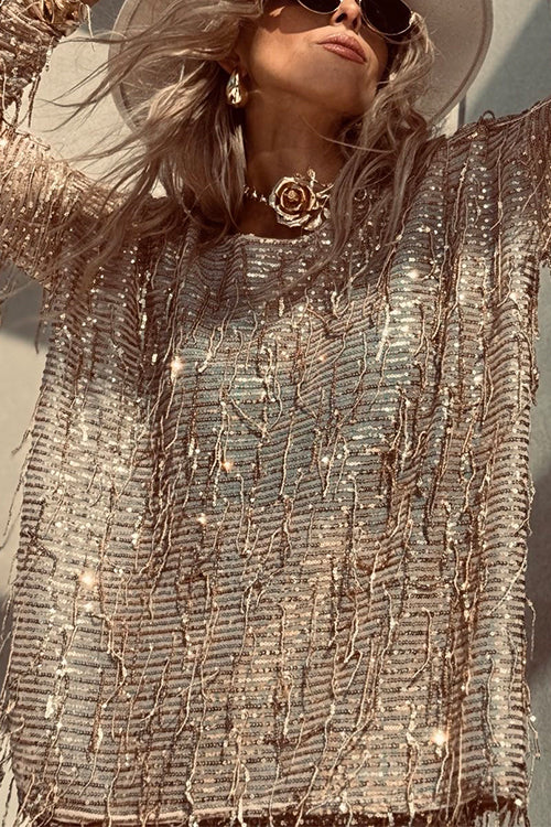 Heididress Tassel Sequin Round Neck Long Sleeves Top and Shorts Set