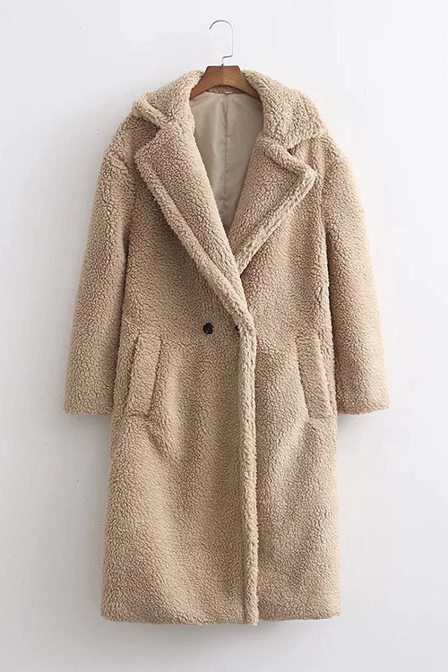 Heididress Notch Lapel Double Breasted Pocketed Fuzzy Fleece Coat
