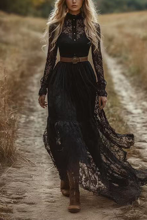 Heididress Long Sleeves Button Up Lace Maxi Dress