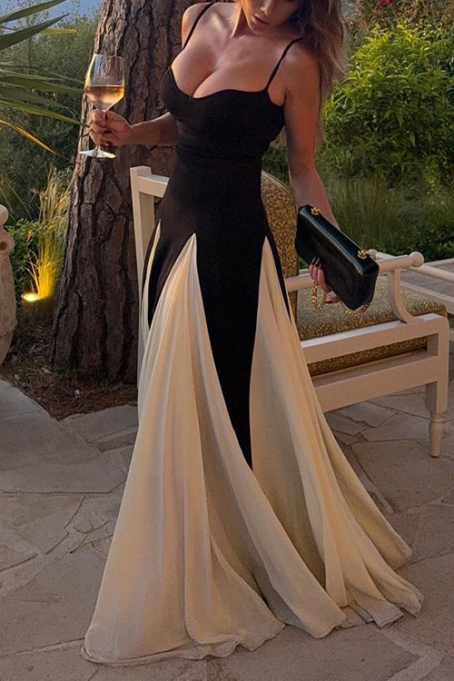 Heididress Spaghetti Strap Low Cut Color Block Swing Maxi Dress