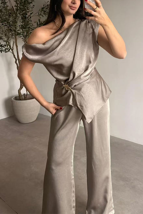 Asymmetrical Shoulder Ruched Top Straight Leg Pants Satin Set