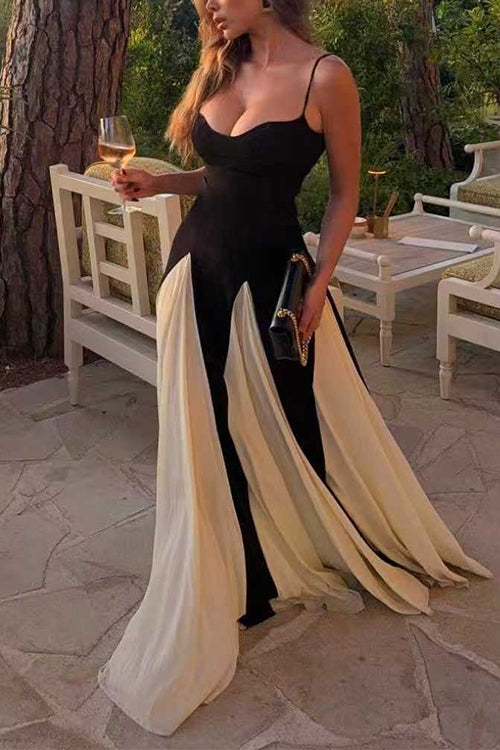 Heididress Spaghetti Strap Low Cut Color Block Swing Maxi Dress