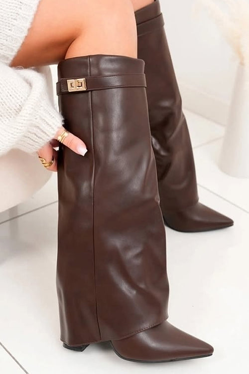 Heididress Zipper Pointed Toe Fold Over Leather High Boots