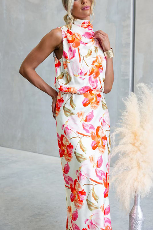 Asymmetrical Shoulder Sleeveless Waisted Floral Print Maxi Dress