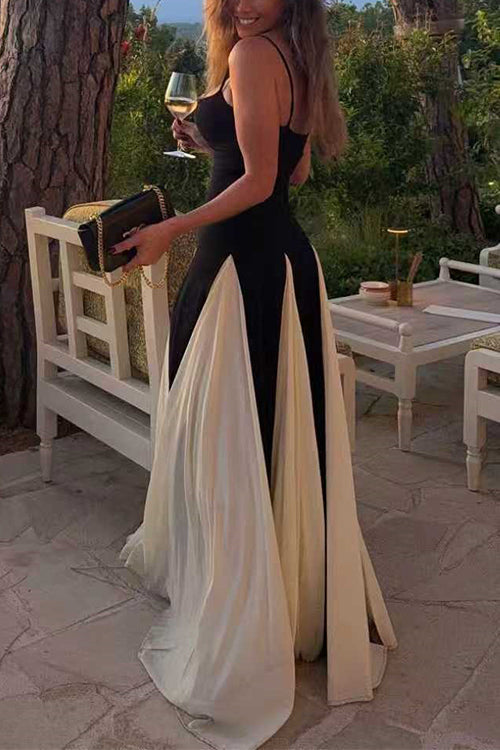 Heididress Spaghetti Strap Low Cut Color Block Swing Maxi Dress