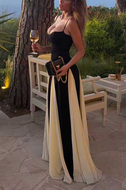 Heididress Spaghetti Strap Low Cut Color Block Swing Maxi Dress