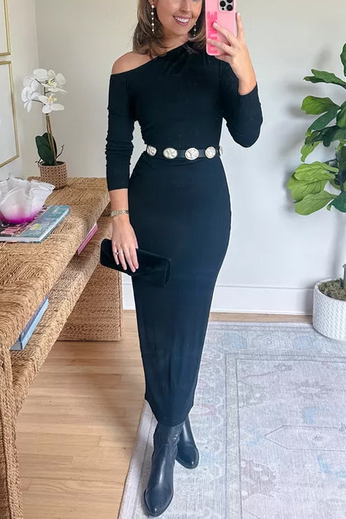 Asymmetrical Shoulder Long Sleeves Bodycon Midi Dress