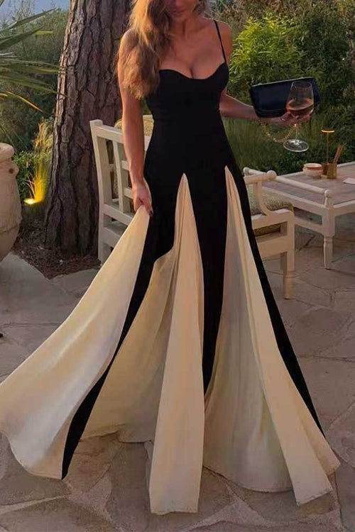 Heididress Spaghetti Strap Low Cut Color Block Swing Maxi Dress