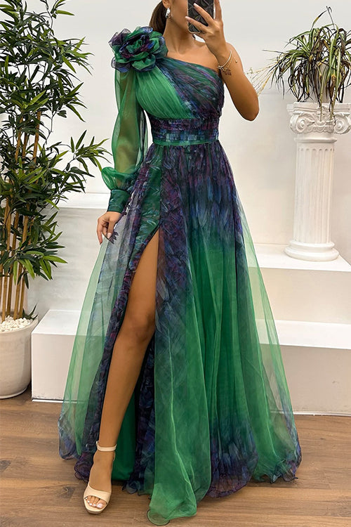 Heididress One Shoulder Long Sleeve Printed Slit Swing Maxi Dress