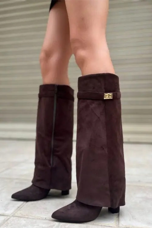 Heididress Pointed Toe Block Heel Fold Over High Boots